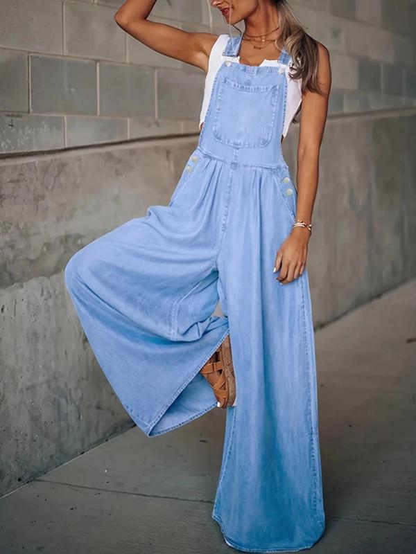 Women's Plain Plicated Button Front Denim Overalls without Inner Top, Casual Pocket Square Neck Wide Leg Sleeveless Overalls for Daily Wear, Ladies Clothes for All Seasons