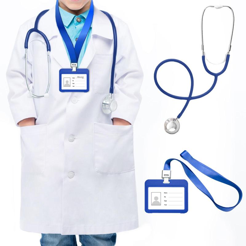 White Lab Coat, Doctor Coat with Stethoscope&ID Card,Doctor Scientist Dress Up Costume