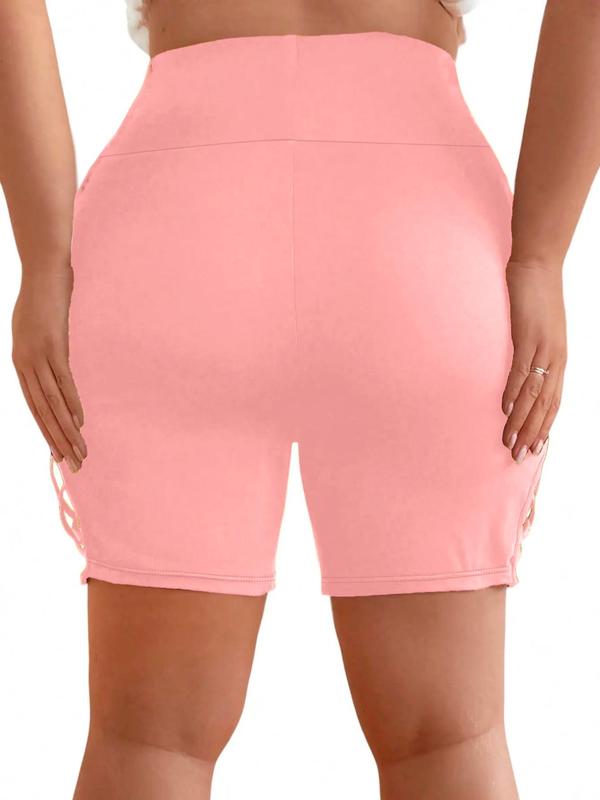 Plus Size Criss Cross Cut Out High Waist Shorts, Casual Comfy Breathable Skinny Shorts for Daily Wear, Women's Bottoms for Spring & Fall