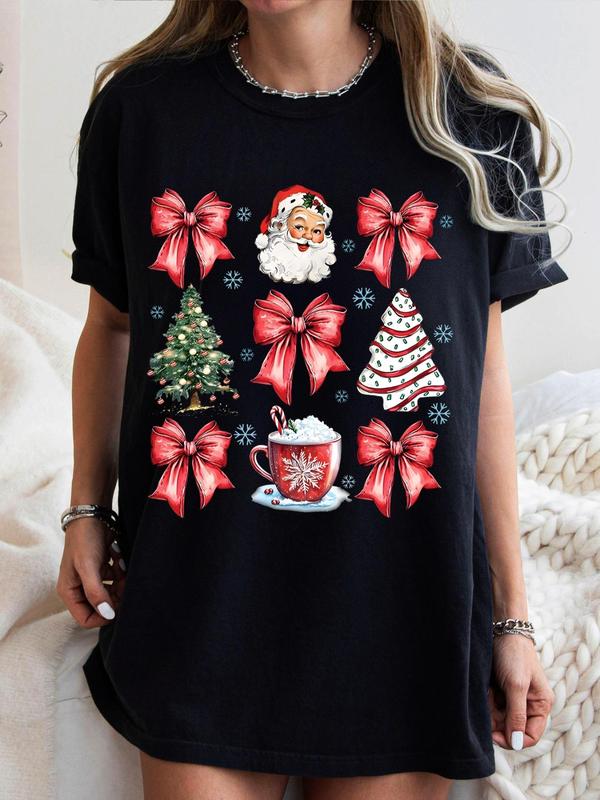 Women's Christmas Themed Print Round Neck Tee, Casual Short Sleeve Crew Neck T-shirt for Summer, Fashion Women's Top for Daily Wear