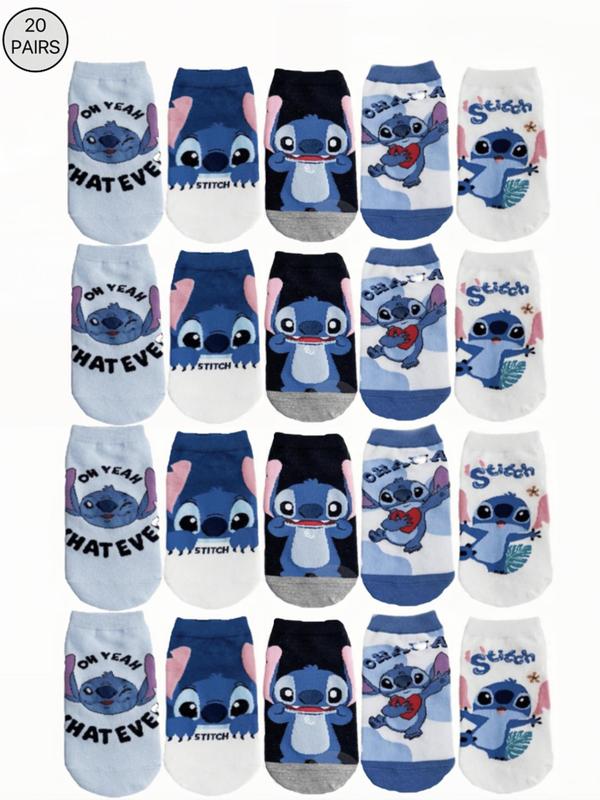 Unisex Cartoon Stitch Pattern Ankle Socks, 20 Pairs Cute Comfy Breathable Socks for Women, Multipack Knit Crew Socks, Unisex  Socks & Hosiery