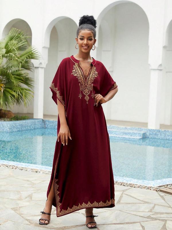 Arabic Clothing- Contrast Binding Notched Side Split Arabian Dress, Casual Embroidery Batwing Sleeve Kaftan, Summer Outfits 2024, Summer Clothes