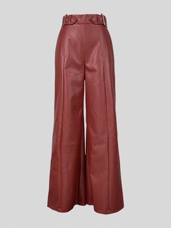 Women's Solid Color Buckle Pocket High Waist Wide Leg PU Leather Pants, Fashion Casual Trousers for Daily Outdoor Wear, Ladies Bottoms for All Seasons