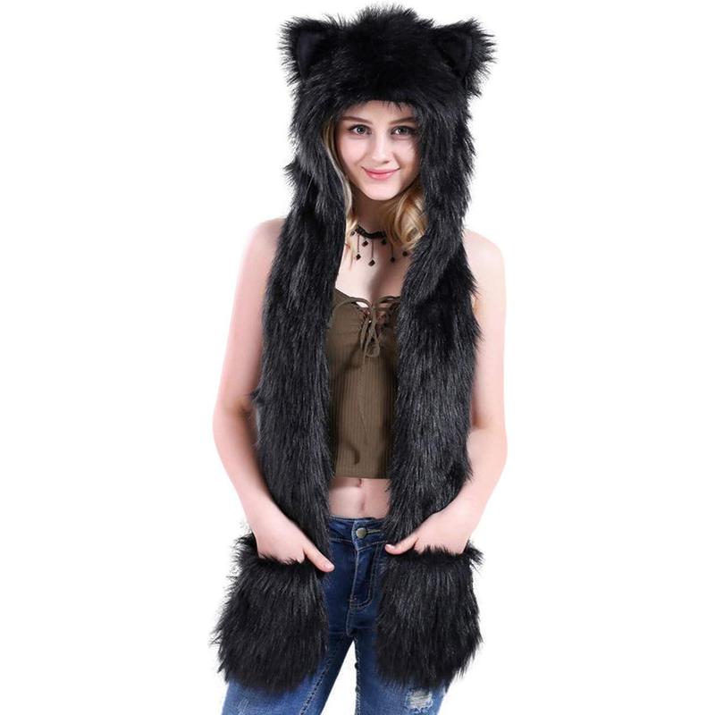 3 in 1 Fx Fur Animal Hood with Paws Fuzzy Novelty Wolf Hats Gloves Scarf Winter Cosplay Hoods Halloween Cosplay