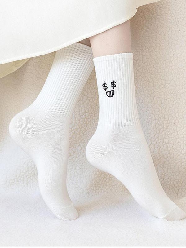 5 Pairs Cartoon Expression Embroidery Crew Socks, Cute Casual Soft Comfortable Breathable Socks for All Seasons, Men & Women Socks for Daily Wear