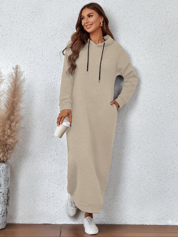 Women's Plain Drawstring Hooded Sweatshirt Dress, Casual Pocket Drop Shoulder Long Sleeve Dress, Women's Fall & Winter Clothes for Daily Wear, Comfortable Sweatshirts for Women Womenswear