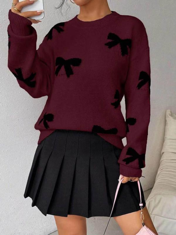 Women's Bow Print Drop Shoulder Sweater, Casual Long Sleeve Round Neck Jumper for Fall & Winter, Fashion Ladies' Knitwear for Daily Wear