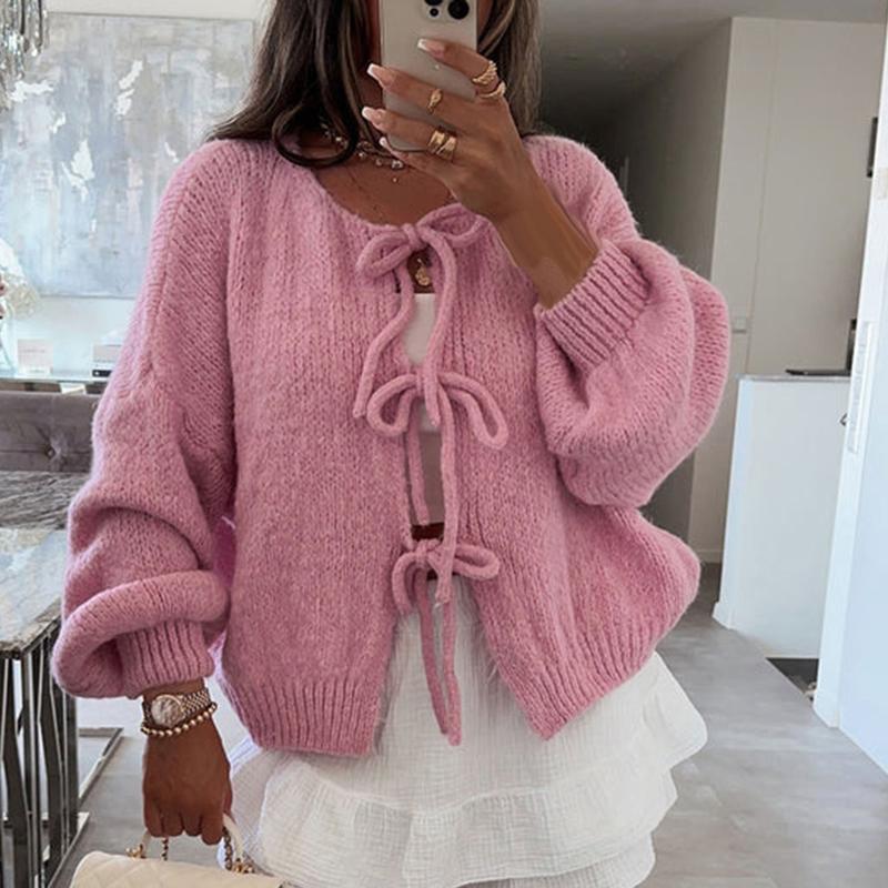 Women's Fall Tie Front Sweater Solid Color V-Neck Long Sleeve Loose Knitwear Cardigan Womenswear Polyester