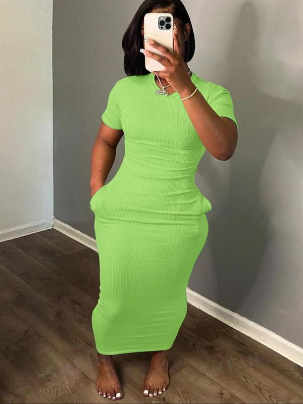  Plain Pocket Round Neck Bodycon Dress, Casual Short Sleeve Ribbed Long Dress for Summer, Back To School Outfits, Summer Clothes, Summer Dresses, Women's Clothing for Daily Wear Casual Wear