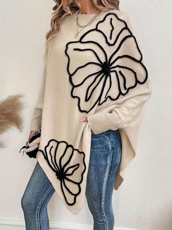 Women's Floral Pattern Asymmetrical Hem Batwing Sleeve Sweater, Casual Long Sleeve Round Neck Jumper for Fall & Winter, Fashion Ladies' Knitwear for Daily Wear