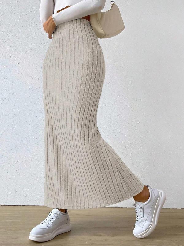 Women's Plain Split Thigh High Waist Ribbed  Skirt, Casual Fashion Long Skirt for Daily Outdoor Wear, Women's Bottoms for Spring & Fall