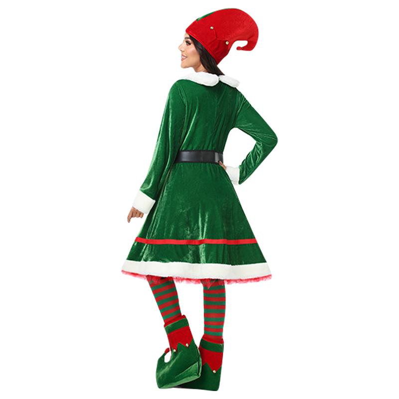 Women Christmas Elf Costume Set Velvet Dress Belt Striped Over Knee High Socks Elf Hat Shoes for Cosplay, Ladies Clothes for Indoor Outdoor Wear, Ladies Clothes for Daily Wear