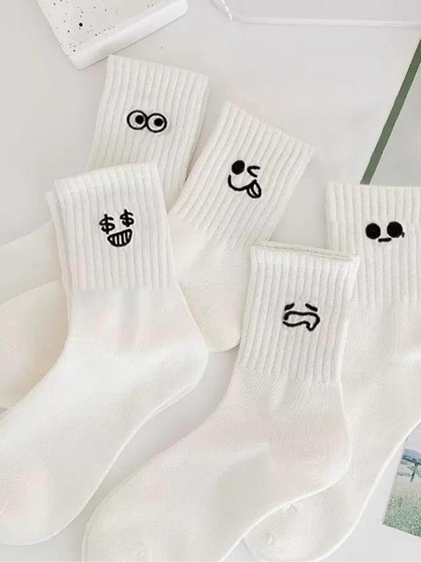 5 Pairs Cartoon Expression Embroidery Crew Socks, Cute Casual Soft Comfortable Breathable Socks for All Seasons, Men & Women Socks for Daily Wear