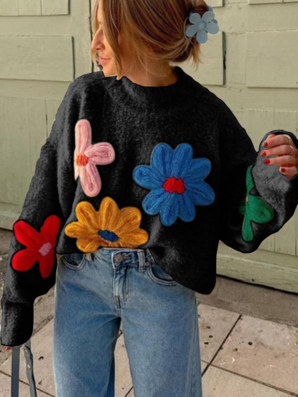 Plus Size Colorblock Floral Embroidered Drop Shoulder Sweater Pullover, Casual Long Sleeve Mock Neck Jumper for Fall & Winter, Women's Plus Clothing for Daily Wear