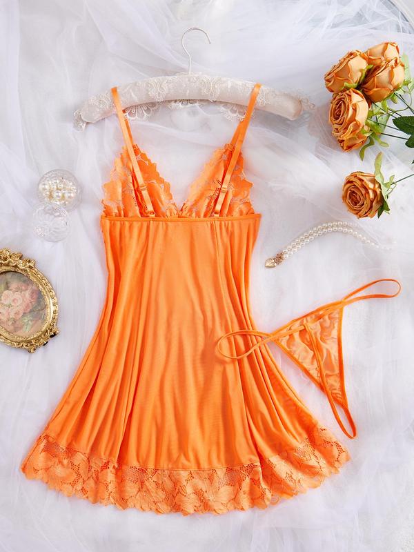 Women's Contrast Lace Cami Nightdress & Thong Sexy Sleepwear Two-Piece Set, Comfy Spaghetti Strap Nighty Dress & Panty Set, Ladies Sleepwear for All Seasons