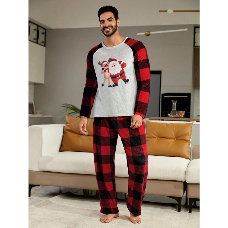 CoupledUp 1pc Christmas Print Raglan Sleeve Tee & 1pc Buffalo Plaid Print Pants PJ Set   Pajama Set