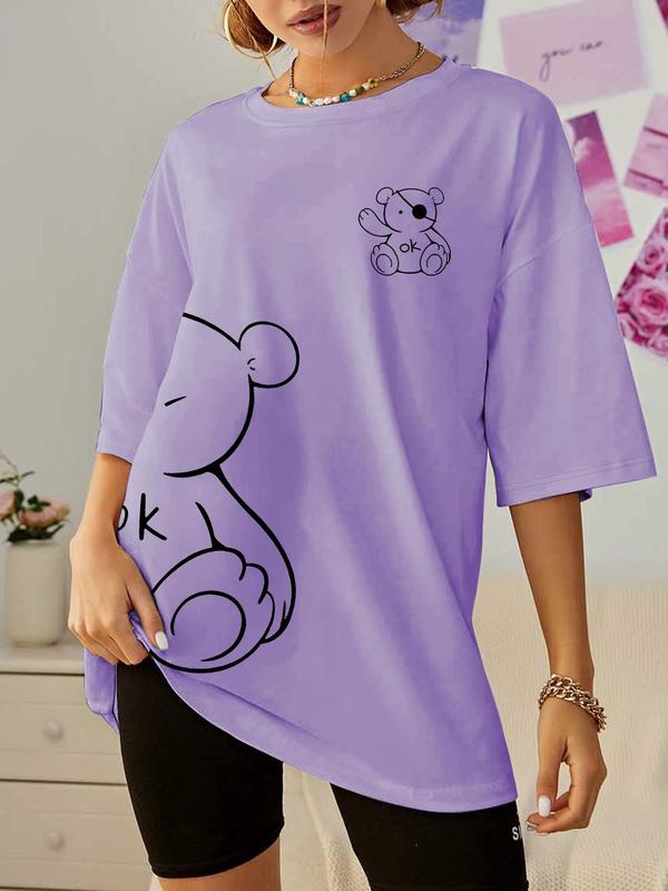 Women's Cartoon Bear & Letter Print Drop Shoulder Tee, Casual Half Sleeve Round Neck T-shirt for Summer, Graphic Tees, Ladies Clothes for Daily Wear