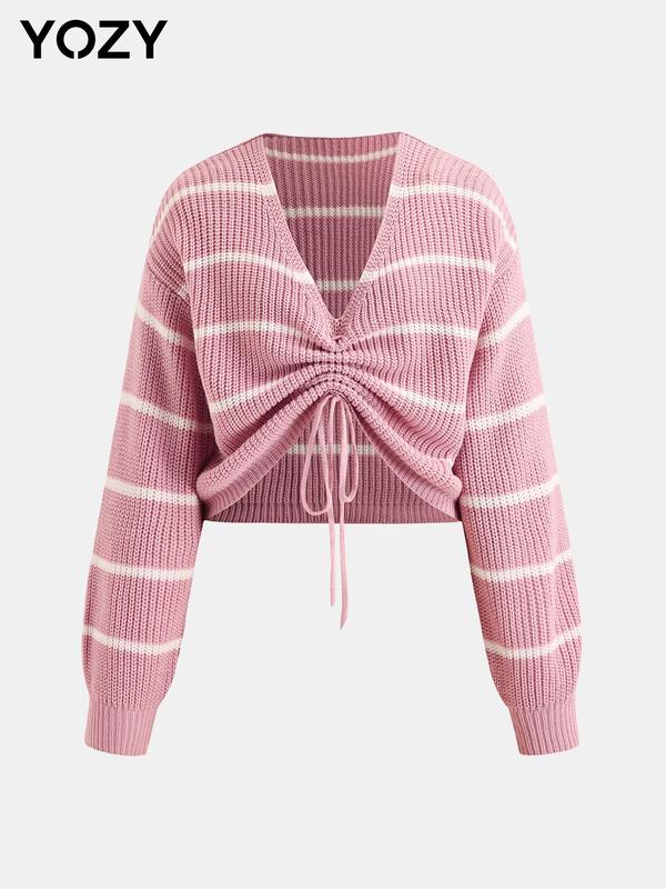 YOZY Christmas Deals, Striped Print Drawstring V Neck Crop Sweater  Casual Bishop Sleeve Ruched Jumper, 2024 Women's Fall & Winter Outfits for Daily Wear, Christmas 2024 Trend, Fall & Winter Clothes