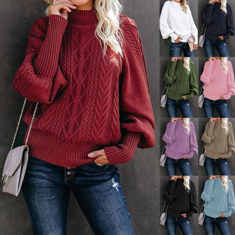 2024 Winter New Mid-Neck Sweater Women's Loose Long-Sleeved Knitted Solid Color Sweater