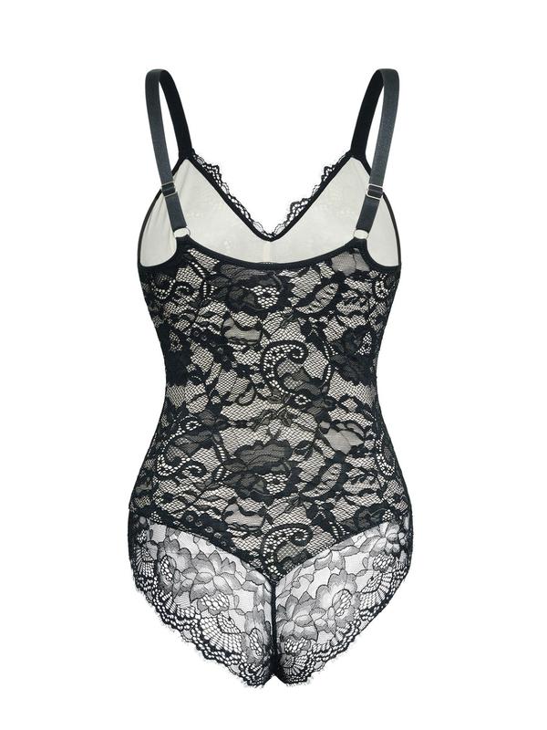 Women's Solid Floral Lace Backless Shapewear Bodysuit, Casual Adjustable Strap V Neck Shapewear Bodysuit, Summer Wear, Women's Shapewear for Daily Wear