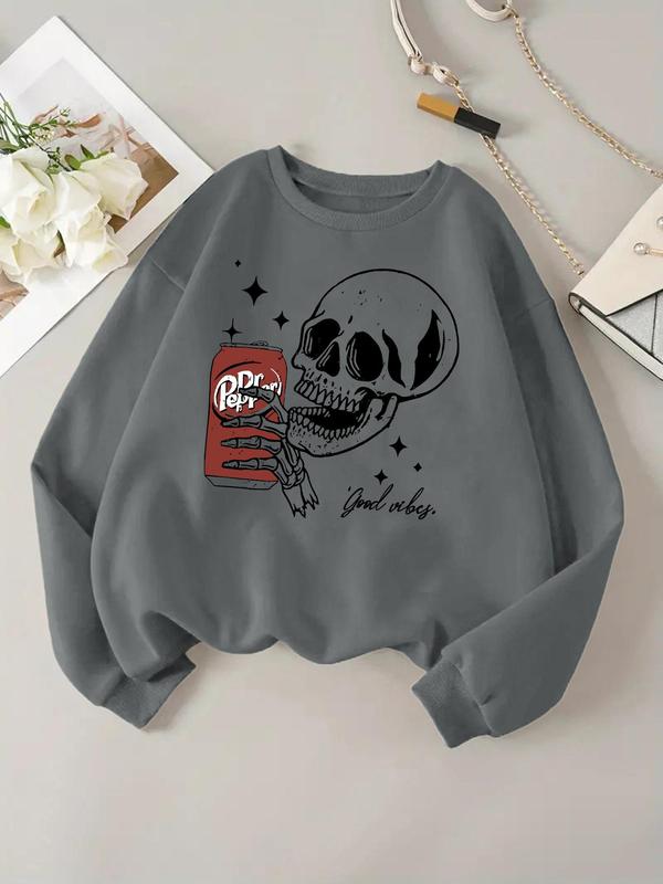 Women's Skull Print Drop Shoulder Sweatshirt, Halloween Downtown Girl Outfit, Casual Long Sleeve Round Neck Pullover for Fall & Winter, Ladies Clothes for Daily Wear, Spirit Halloween 2024