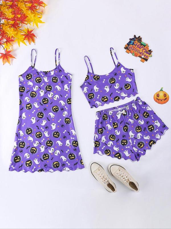 Women's Pumpkin Print Lettuce Trim Pyjama Set, Casual Sleeveless Cami Dress & Bow Decor Shorts & Leisure Wear Top Set, Tight Pj Pants with Crop Top and Nightdress, Fall Halloween Sleepwear Set for Women