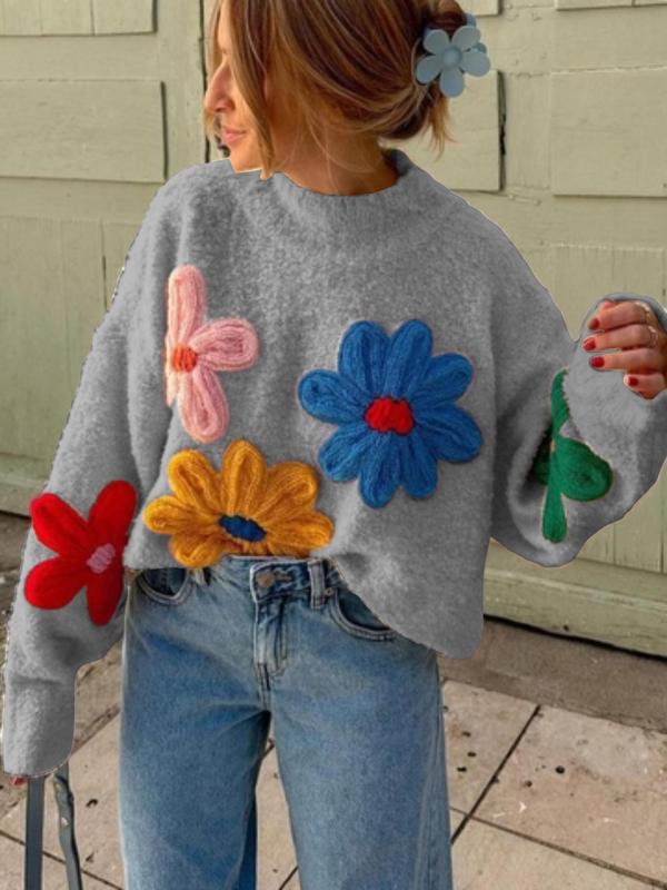 Plus Size Colorblock Floral Embroidered Drop Shoulder Sweater Pullover, Casual Long Sleeve Mock Neck Jumper for Fall & Winter, Women's Plus Clothing for Daily Wear