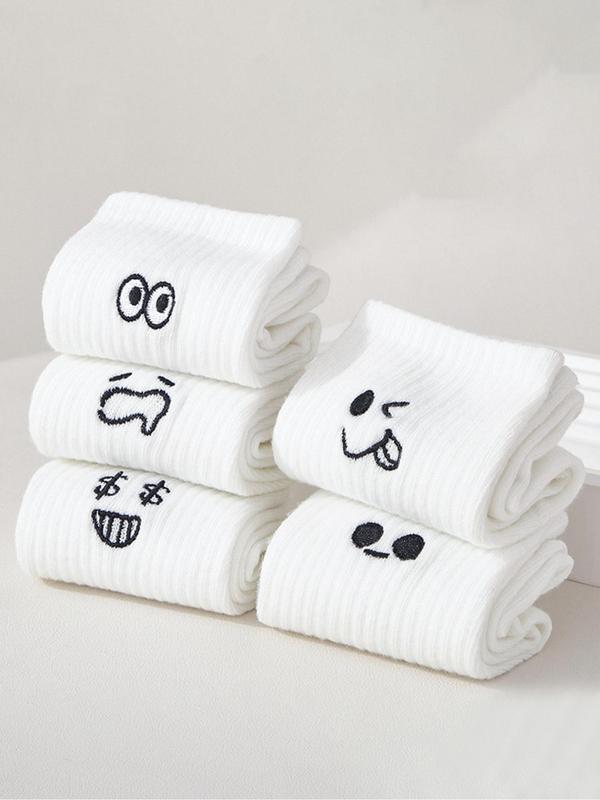 5 Pairs Cartoon Expression Embroidery Crew Socks, Cute Casual Soft Comfortable Breathable Socks for All Seasons, Men & Women Socks for Daily Wear