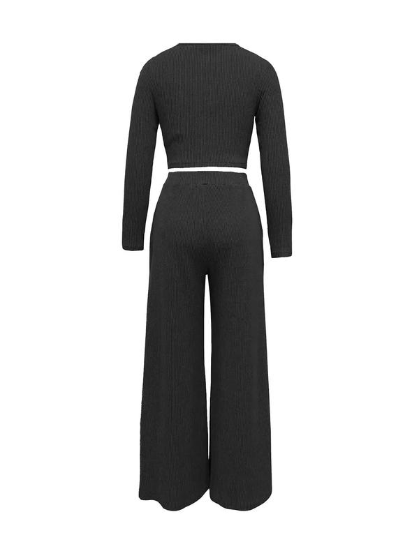 Two-Piece Set Women's Solid Long Sleeve Crop Top & Wide Leg Pants, Casual Fashion Cozy Round Neck Top & Trousers for Daily Outdoor Wear, Women's Clothing for Spring & Fall