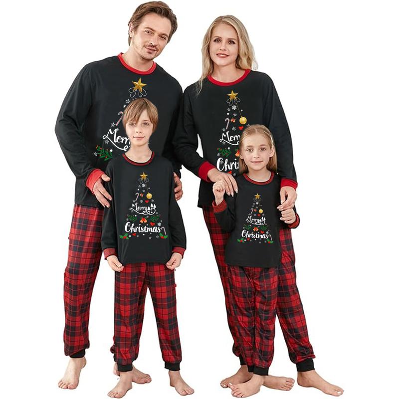 Family-sized Christmas pajamas with letter and snowflake print long-sleeved top and free plaid trousers