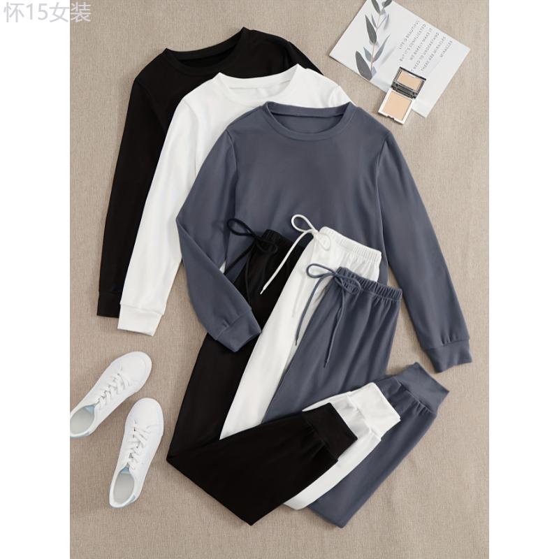 3 Sets Of Women's Activewear Tracksuits, Velvet Fabric, Long Sleeve Tops And Drawstring Pants, Casual Sportswear, Multiple Colors Clothing Womenswear