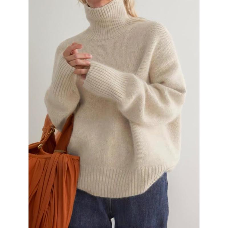 Women's Cashmere High Neck Long Sleeve Sweater Pure Color Cashmere Knit High Neck Short Pullover Loose Slouchy Sweater  Casual Loose Bottom Autumn and Winter Pullover Sweater