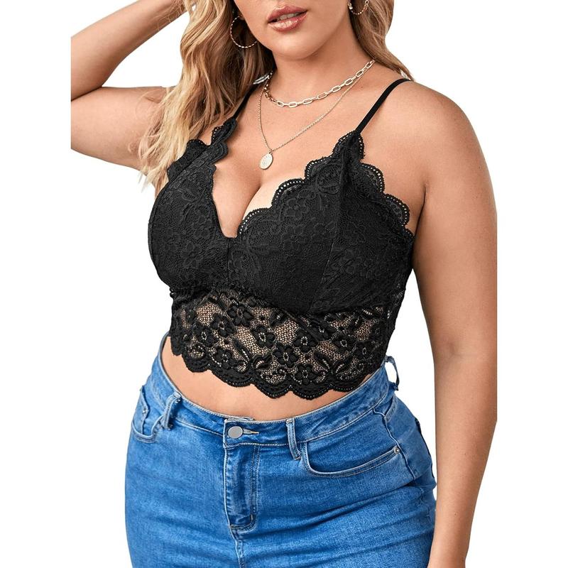 Plus Size Floral Lace Scalloped Trim Wireless Bra Adjustable Strap V Neck Everyday Bralette