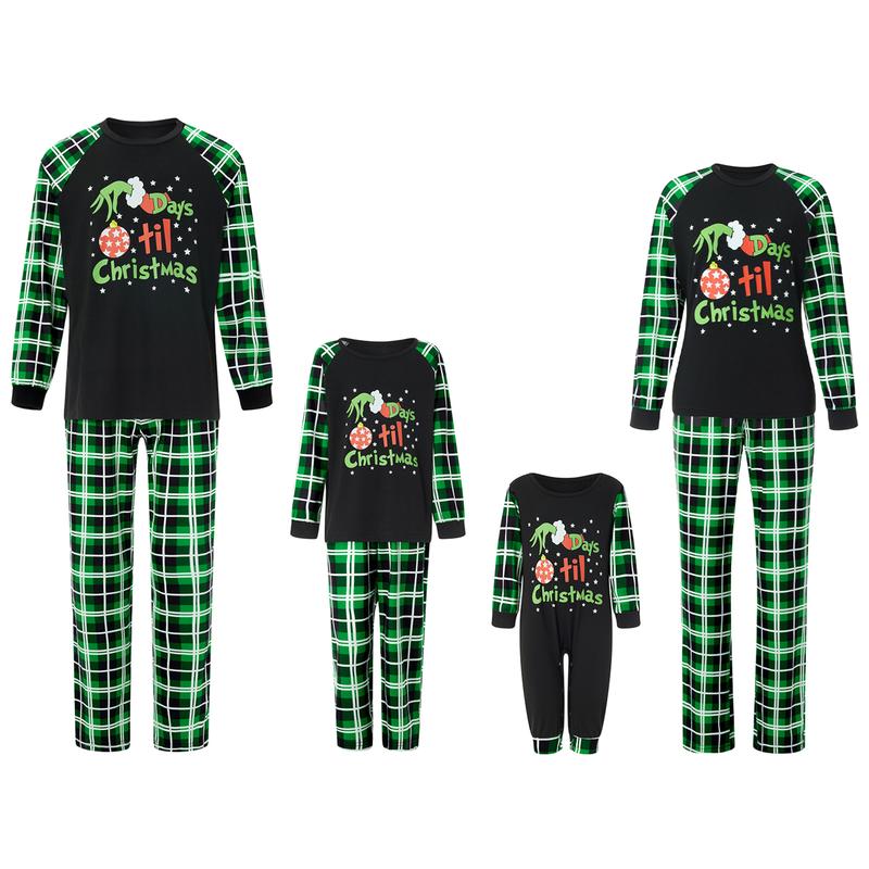 Family Matching Holiday Pajamas Christmas PJ's Green Letters Print T-shirt Plaid Pants Sleepwear Loungewear Homewear