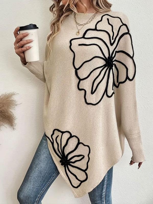 Women's Floral Pattern Asymmetrical Hem Batwing Sleeve Sweater, Casual Long Sleeve Round Neck Jumper for Fall & Winter, Fashion Ladies' Knitwear for Daily Wear