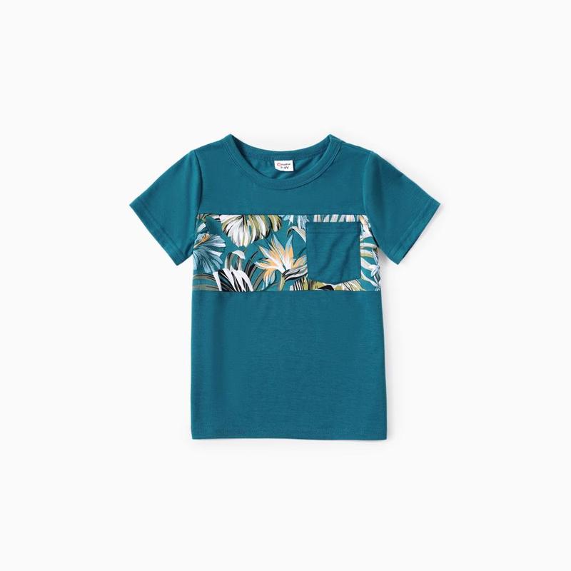 PatPat Family Matching All Over Floral Print Blue V Neck Ruffle Dresses and Short-sleeve Splicing T-shirts Sets