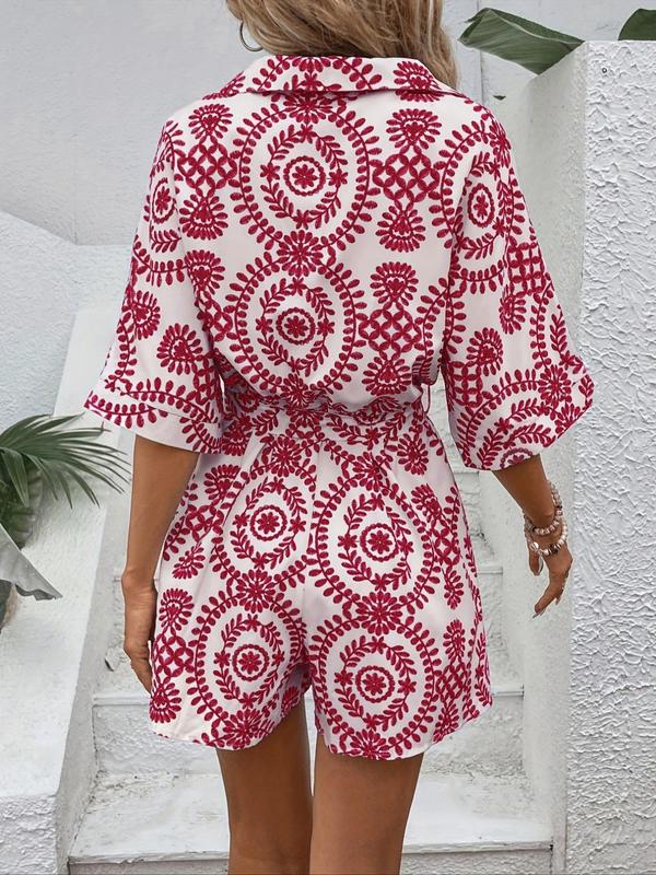 Women's Ethnic Pattern Belted Button Front Vintage Romper, Boho Batwing Sleeve Collar Romper for Beach Holiday Vacation, Ladies Clothes for All Seasons