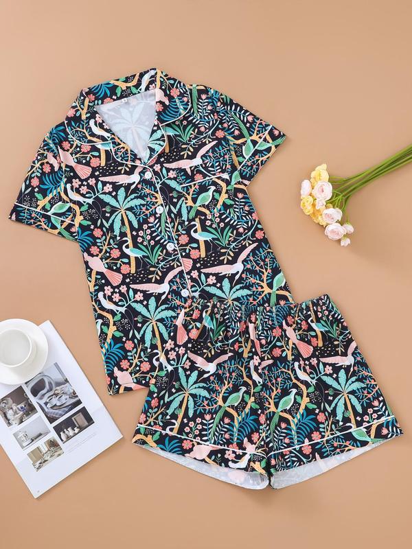 Two-Piece Set Women's Back To School Tropical Print Contrast Binding Pajama Set, Soft Short Sleeve Button Front Pocket Shirt & Shorts Pj Sets for Women, Women's Nightwear Homewear, Womenswear Pajamas, Pajama Sets Women for Fall