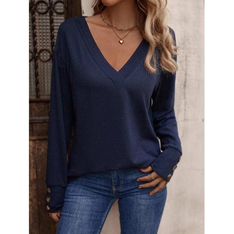 Women's Autumn and Winter New Solid Color and V-neck Loose Long-Sleeved T-shirt Button Top