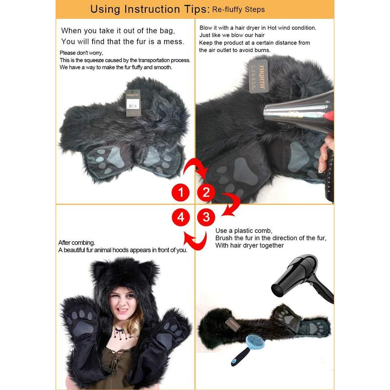 3 in 1 Fx Fur Animal Hood with Paws Fuzzy Novelty Wolf Hats Gloves Scarf Winter Cosplay Hoods Halloween Cosplay