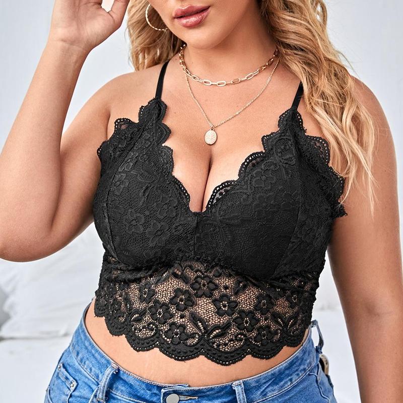 Plus Size Floral Lace Scalloped Trim Wireless Bra Adjustable Strap V Neck Everyday Bralette