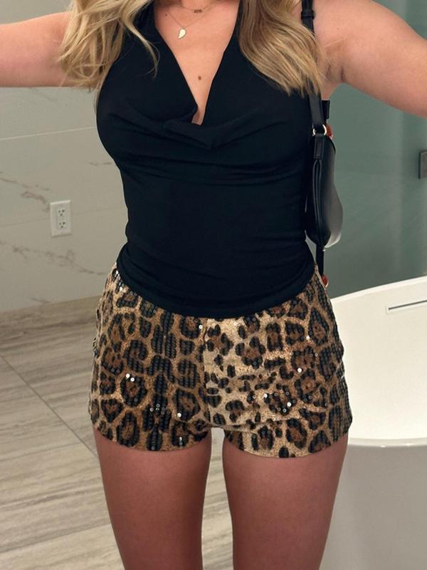 Women's Leopard Print Sequins Shorts, Casual Comfy Skinny Shorts for Daily Wear, Ladies Bottoms for All Seasons