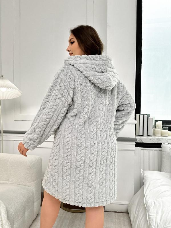  Solid Textured Drop Shoulder Flannel Lounge Robe, Casual Long Sleeve Pocket Hooded Dressing Gown, Women's Sleepwear for Fall & Winter