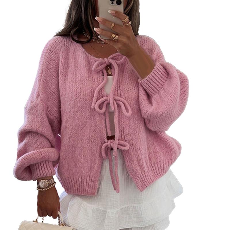 Women's Fall Tie Front Sweater Solid Color V-Neck Long Sleeve Loose Knitwear Cardigan Womenswear Polyester