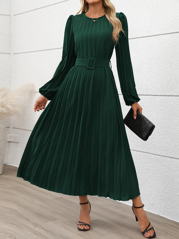 Women's Solid Belted Pleated A Line Dress, Elegant Bishop Sleeve Keyhole Neckline Long Dress for Party Holiday Wedding Guest, Ladies Fall & Winter Clothes