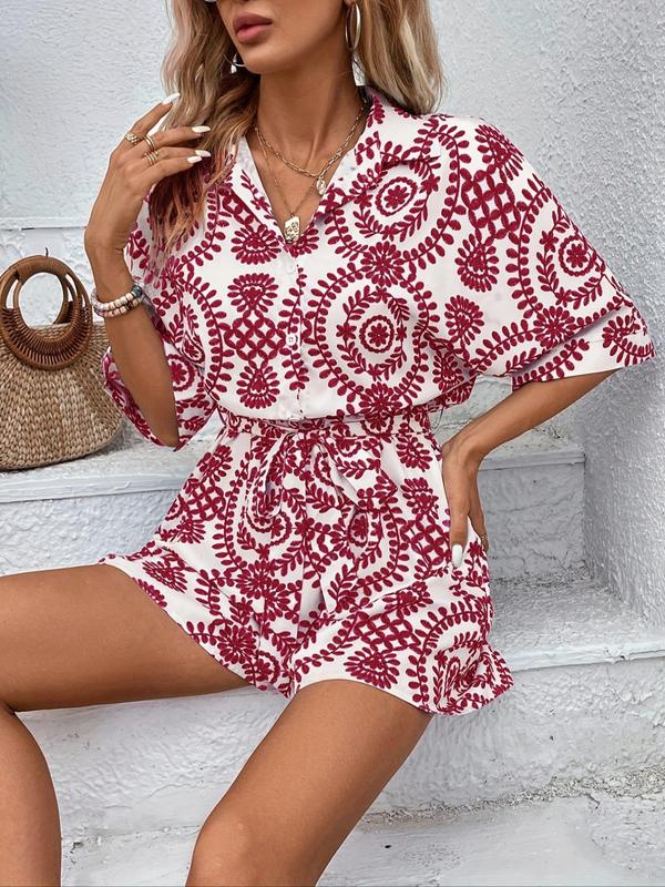 Women's Ethnic Pattern Belted Button Front Vintage Romper, Boho Batwing Sleeve Collar Romper for Beach Holiday Vacation, Ladies Clothes for All Seasons