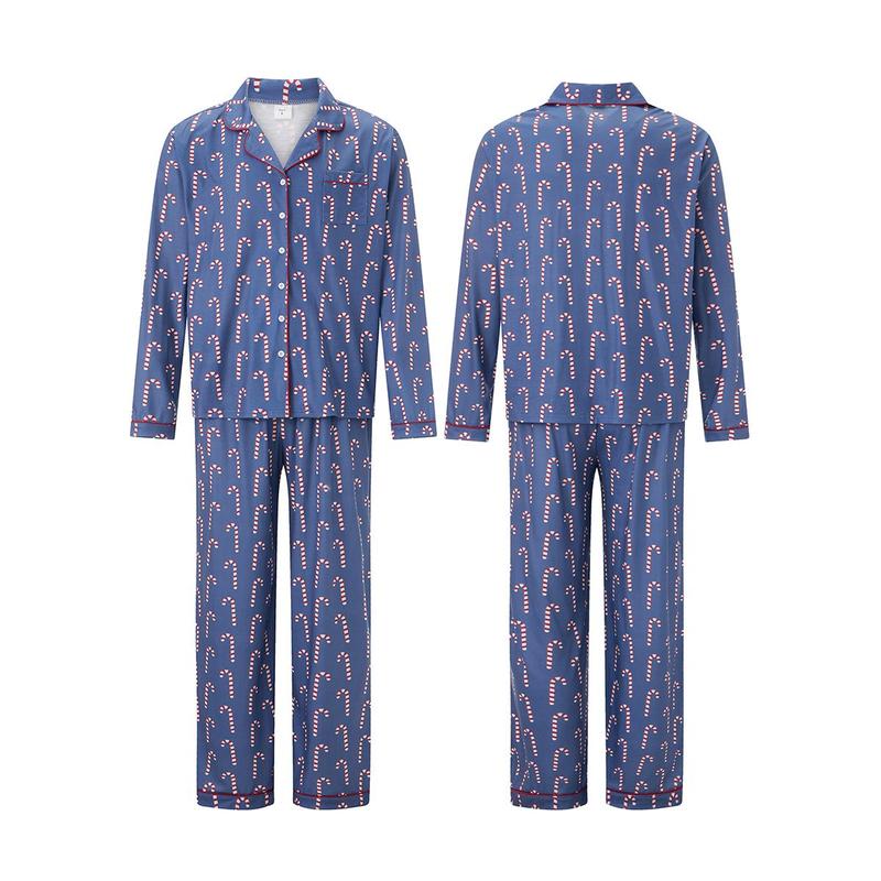 New Style Blue Family Matching Christmas Pajama Set, Candy Cane Print Long Sleeve Button-up Tops Elastic Waist Long Pants