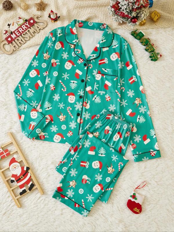 Two-Piece Set Women's Christmas Themed Plaid Print Pajama, Casual Pocket Lapel Neck Button Front Shirt & Elastic Waist Pants PJ Set, Women's Sleepwear for All Seasons