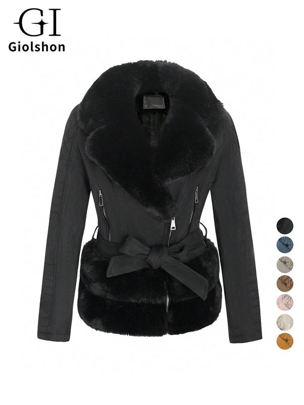 Women's Solid Belted Contrast Faux Fur Coat, Casual Long Sleeve Zip Up Outerwear for Fall & Winter,  Winter Clothes Women, Ladies Clothes for Daily Wear