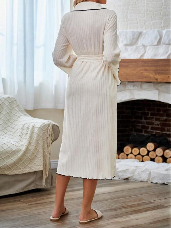 Women's Contrast Binding Lettuce Trim Pocket Belted Ribbed Bathrobe, Elegant Long Sleeve Shawl Collar Robe, Ladies Sleepwear for Spring & Fall